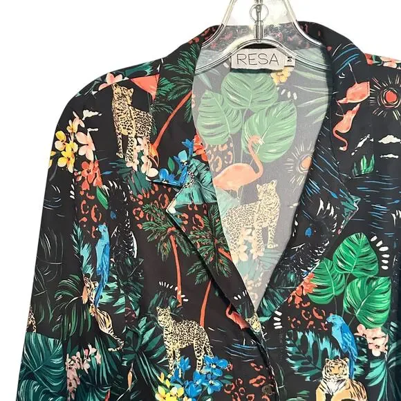 RESA Jungle Blazer Top Womens Medium Black Leopard Toucan Flamingo Floral Topper - Picture 2 of 8